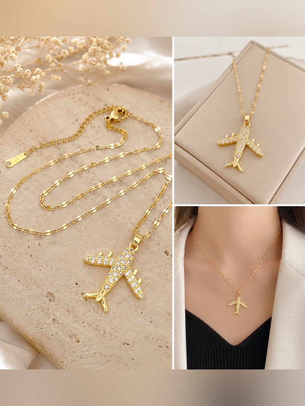 Gold Airplane Pendant Necklace steel 316